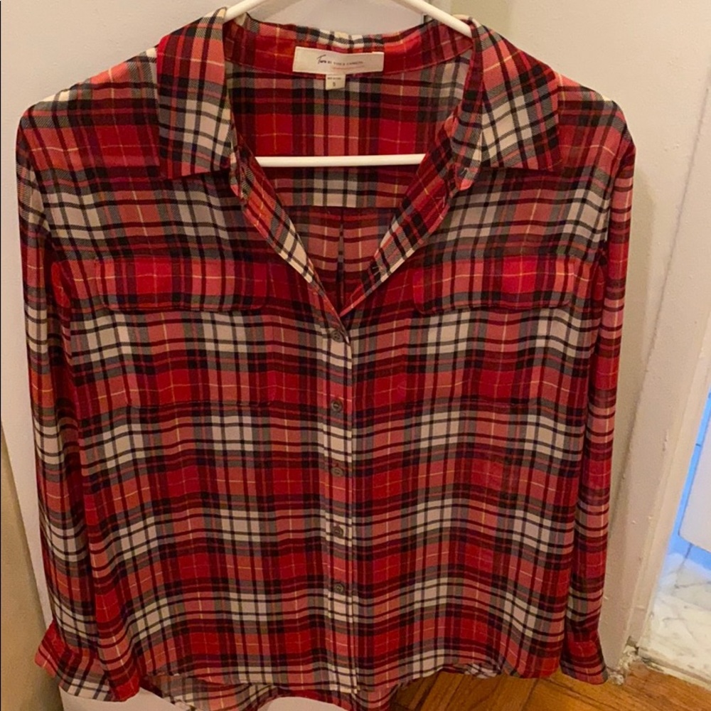 Vince Camuto red sheer plaid blouse size small